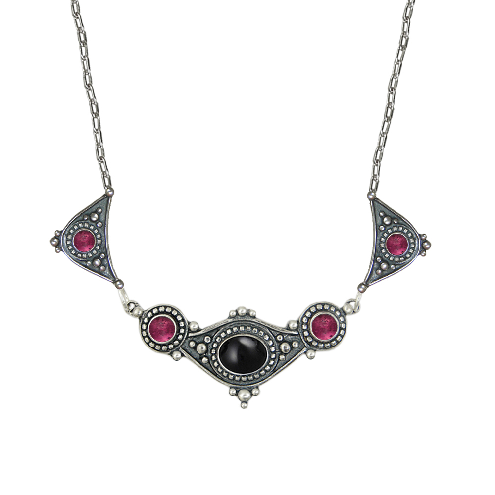 Sterling Silver Romantic Necklace With Black Onyx And Pink Tourmaline